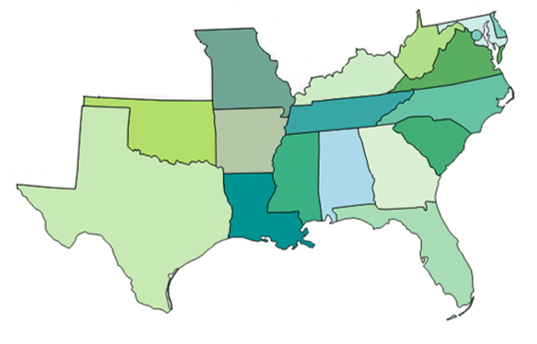 map of Southern US states included in the study