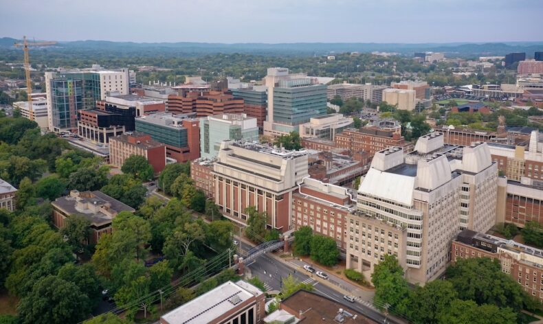 An aerial view of the main Vanderbilt University Medical Center campus.