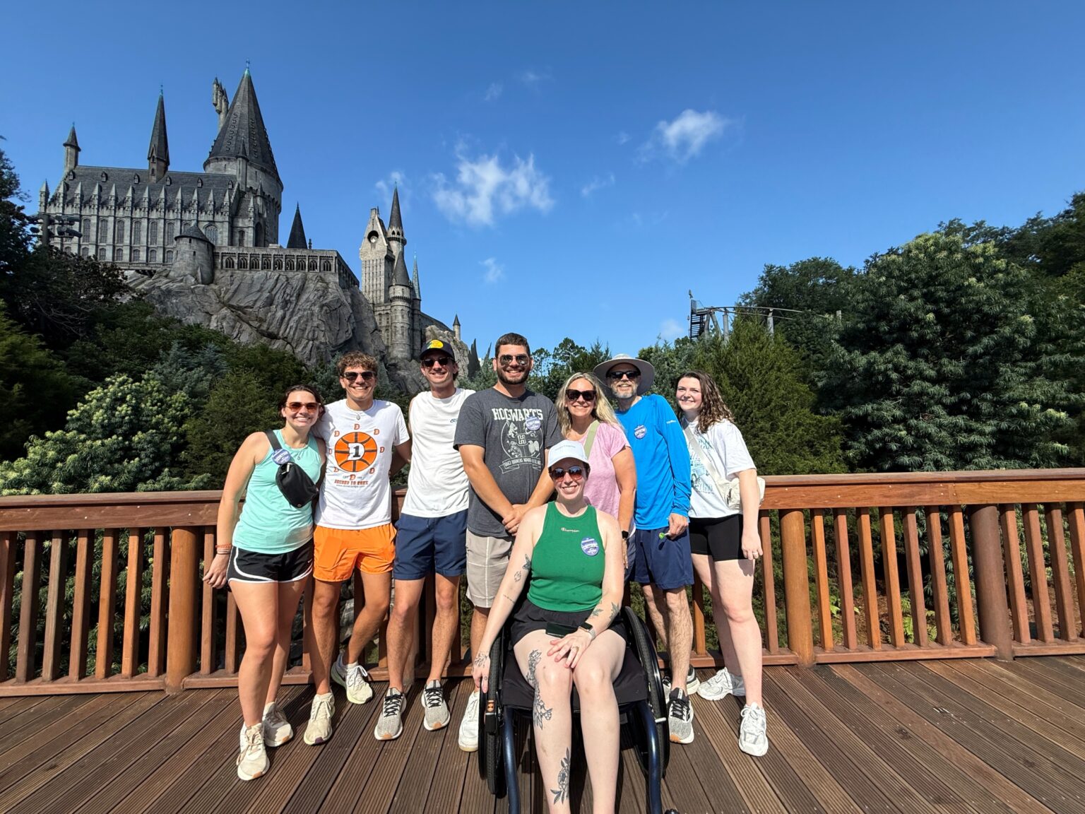 Vanderbilt Health patient Mike Guth and 7 members of his family pose at Harry Potter World.