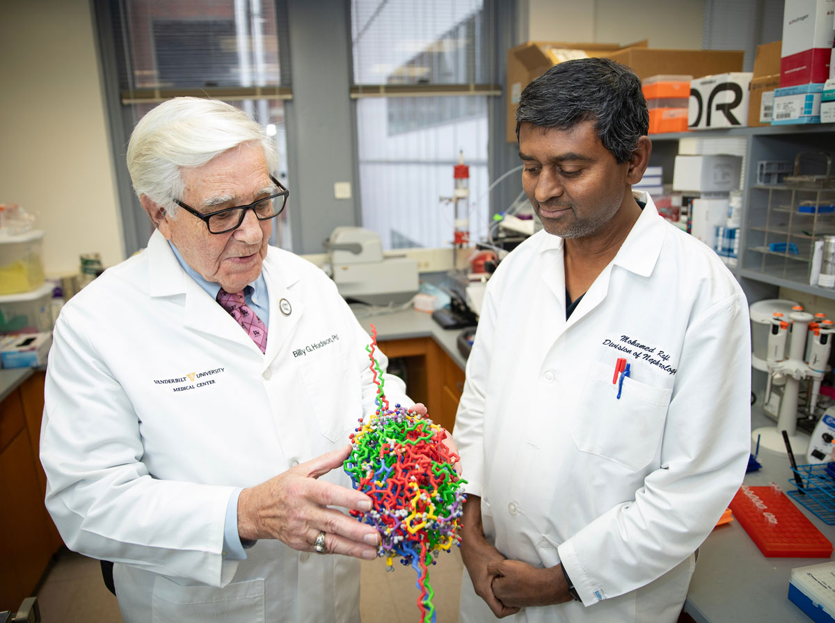 An older doctor mentor speaks with a younger male researcher in the lab.
