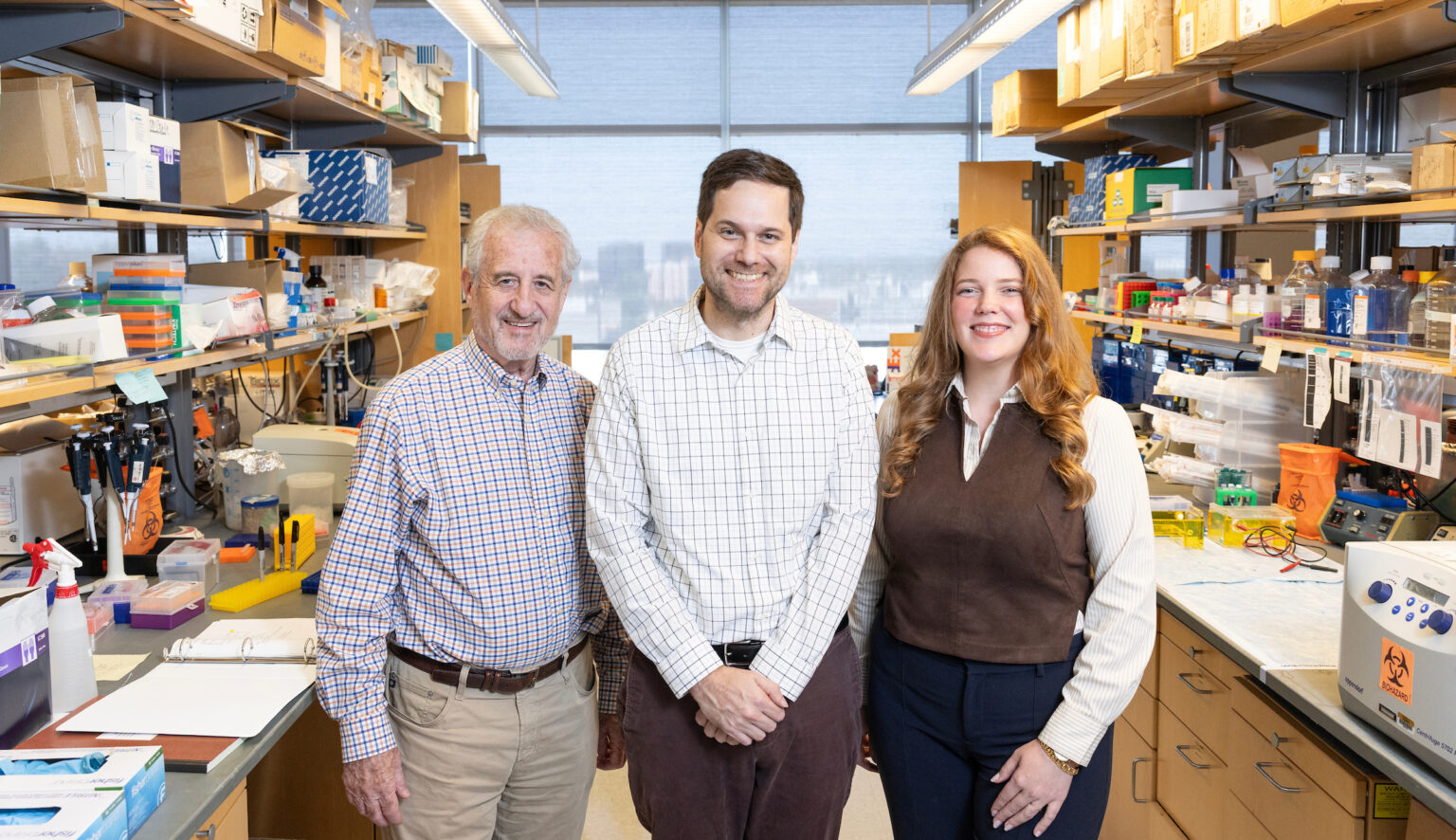 Two male and one female researcher pose in the Roden Lab.